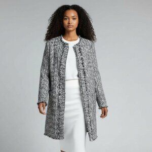 J McLaughlin Boucle Walker Tweed Jacket Women Medium Blue Tan Fringe Old Money